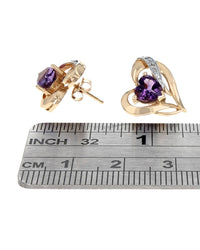 Amethyst and Diamond Open Ribbon Heart Stud Earrings in White and Yellow Gold