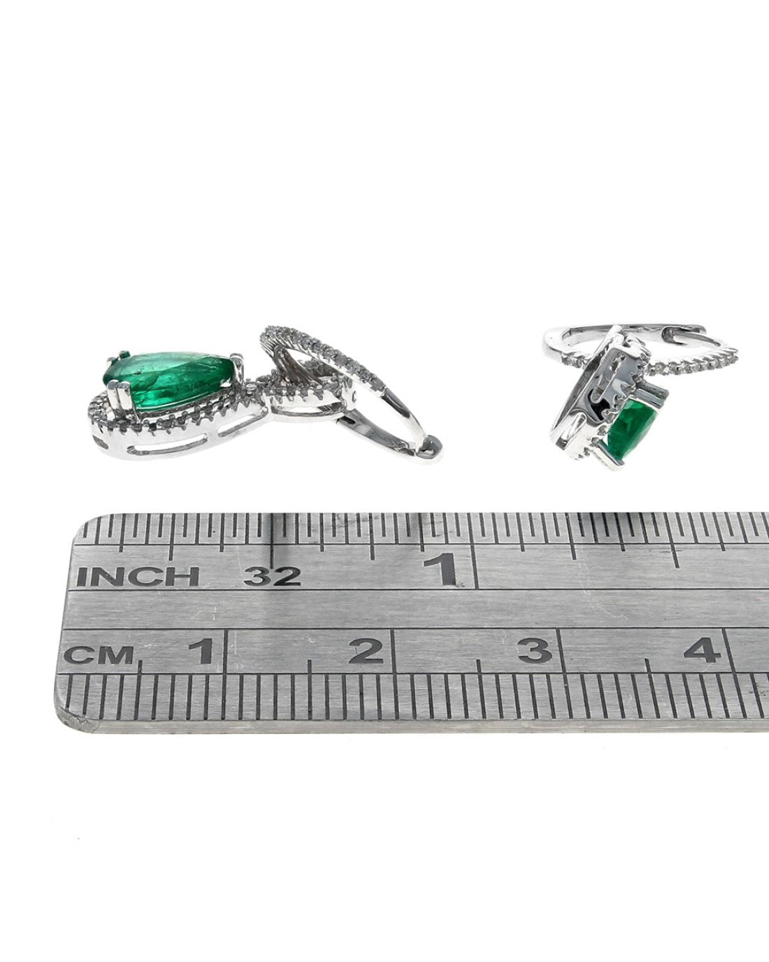 Pear Shaped Emerald and Diamond Halo Drop Earrings