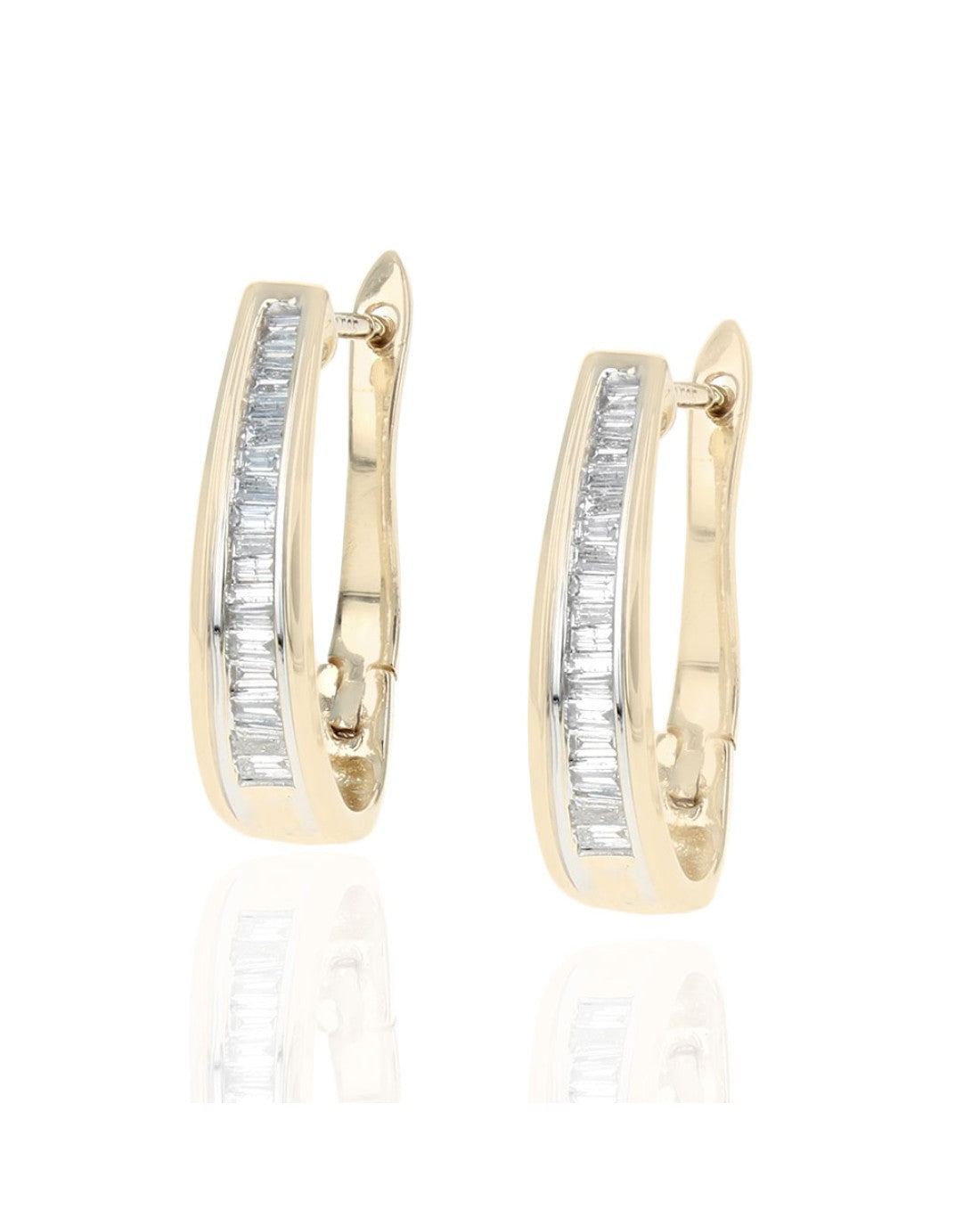 Diamond Elongated Hoop Earrings in White and Yellow Gold