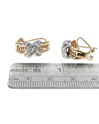 Diamond X Greek Key Accent Earrings in White and Yellow Gold