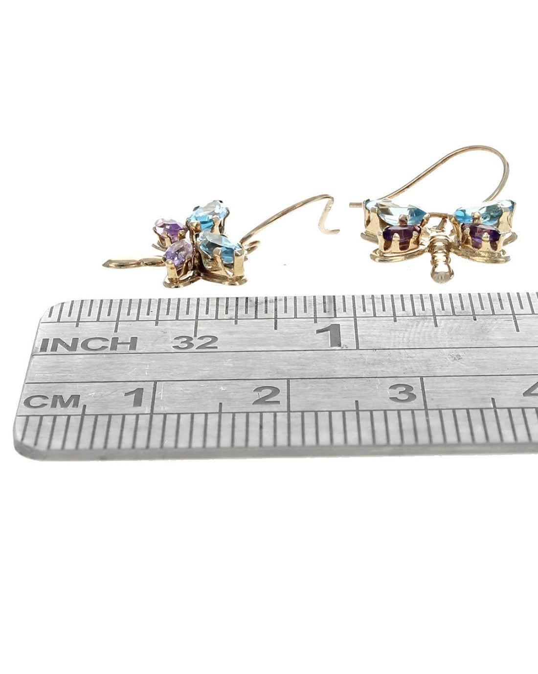 Swiss Blue Topaz and Amethyst Dragonfly Dangle Earrings in Yellow Gold