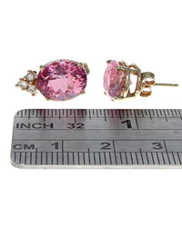 Coated Pink Topaz and Diamond Stud Earrings in Yellow Gold
