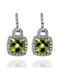Peridot Cushion Diamond Halo Drop Earrings