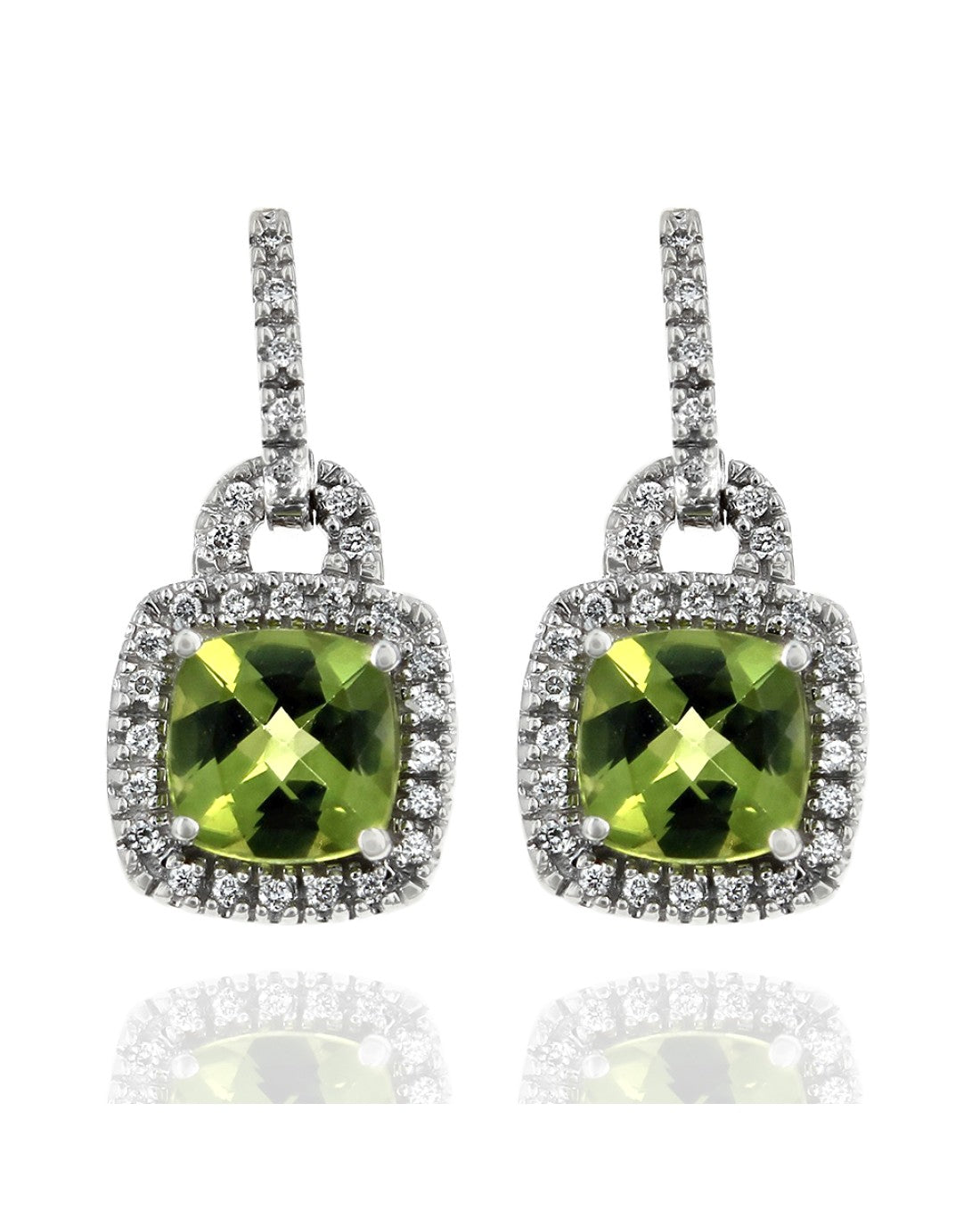 Peridot Cushion Diamond Halo Drop Earrings