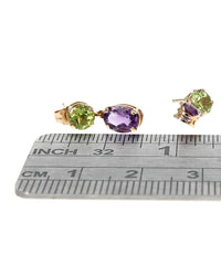 Peridot and Amethyst Drop Earrings in Yellow Gold