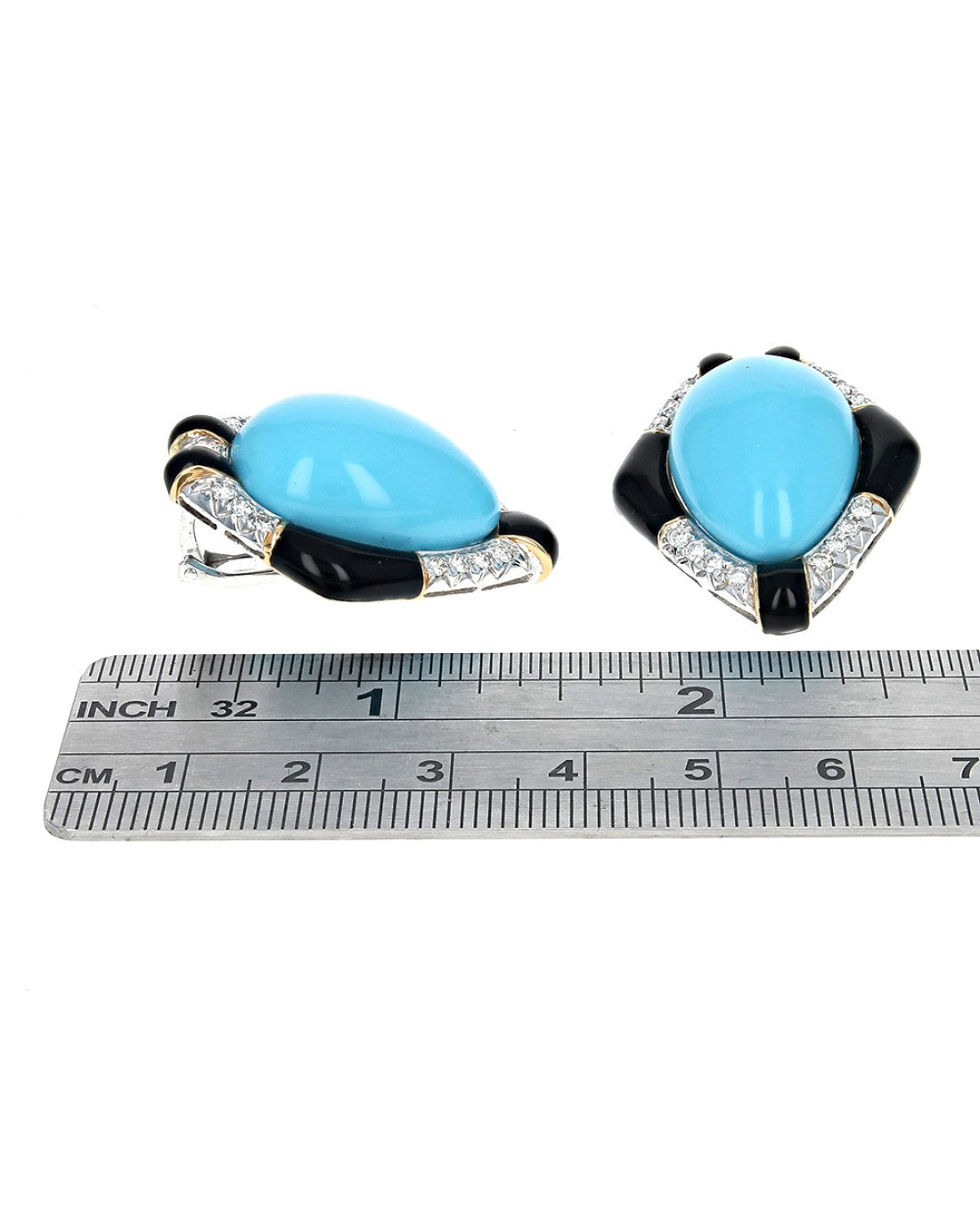 Pear Cut Turquoise, Diamond and Black Enamel Earrings