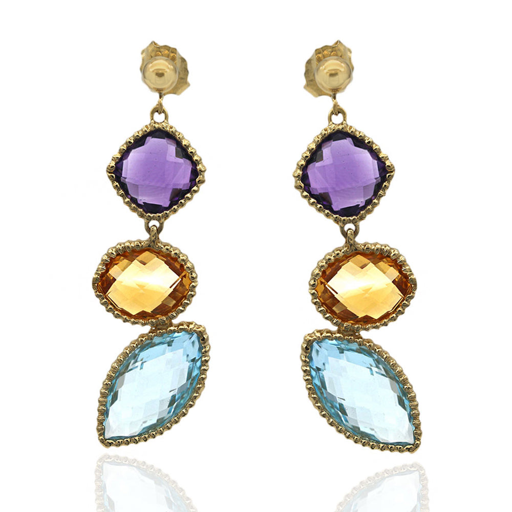 Amethyst, Citrine and Topaz Cushion Dangle Earrings