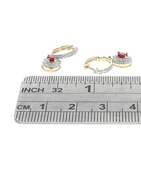 Oval Ruby Diamond Halo Huggie Drop Earrings in Gold
