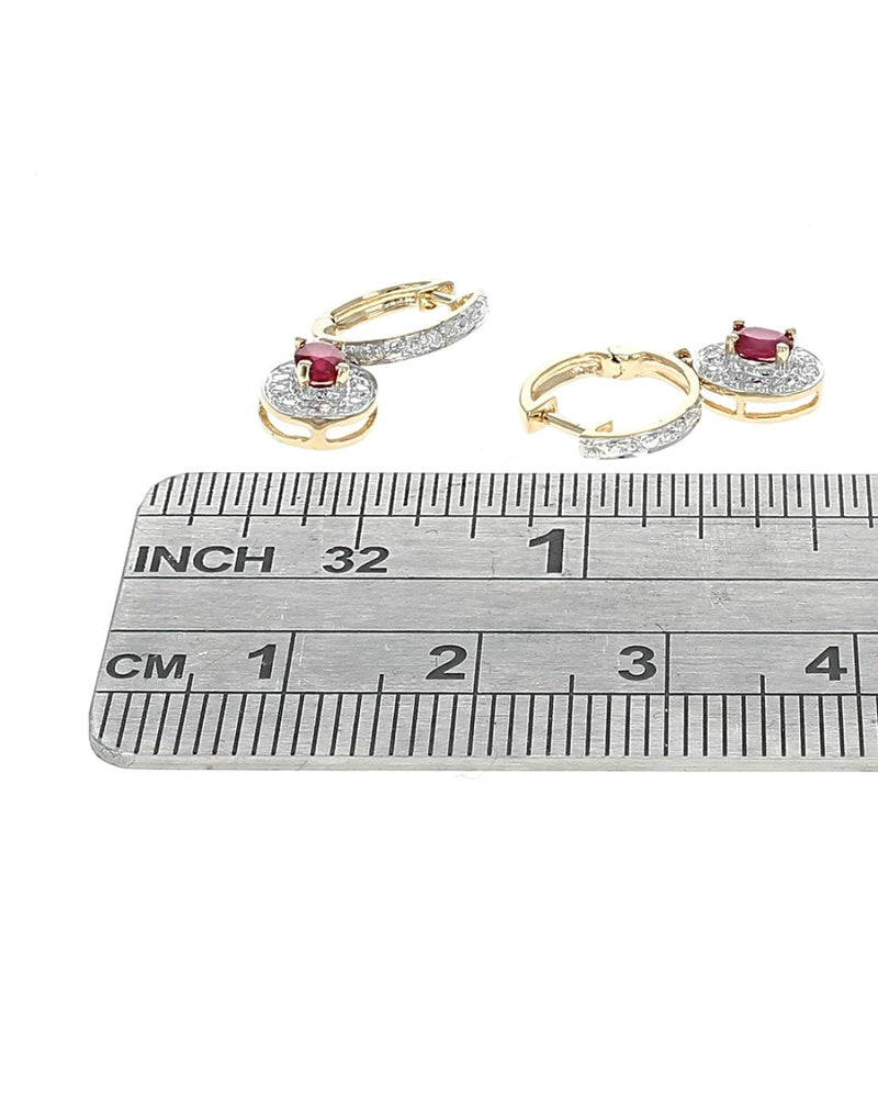 Oval Ruby Diamond Halo Huggie Drop Earrings in Gold