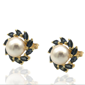 Pearl and Sapphire Halo Stud Earrings in Yellow Gold