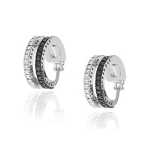 2 Row Black and White Diamond Huggie Earrings in White Gold