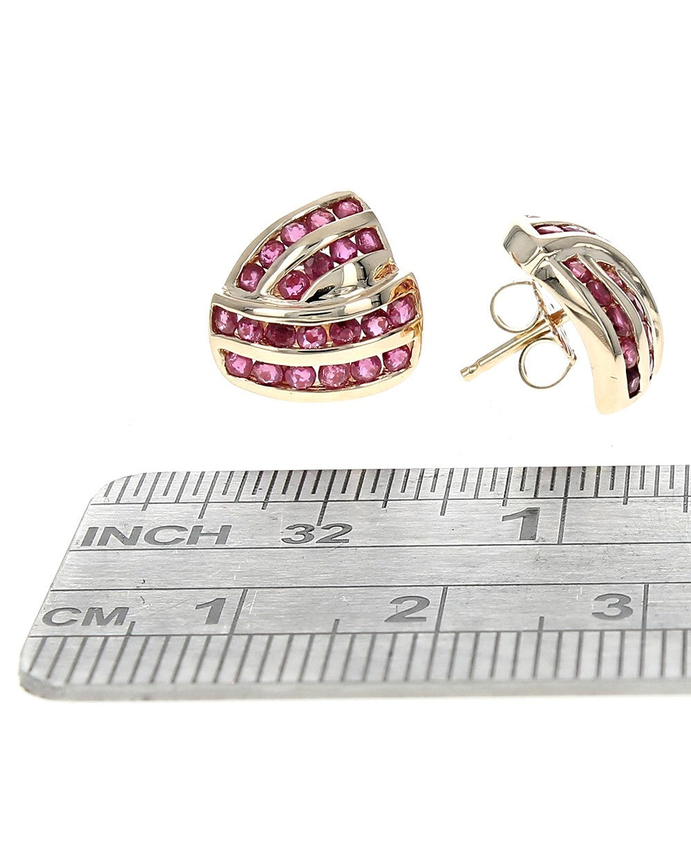 2 Row Ruby Crossover Stud Earrings in Yellow Gold