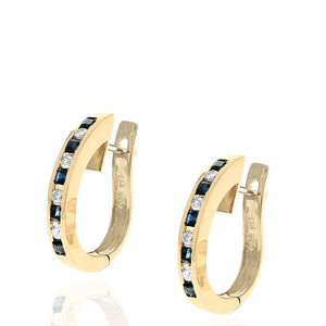 Dark Blue Australian Sapphire and Diamond Elongated Hoop Earrings in Yellow Gold