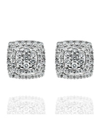 Diamond Triple Halo Square Stud Earrings in White Gold