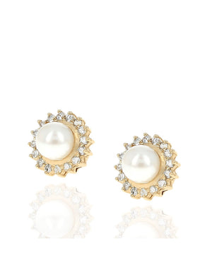 Pearl and Diamond Halo Stud Earrings in Yellow Gold