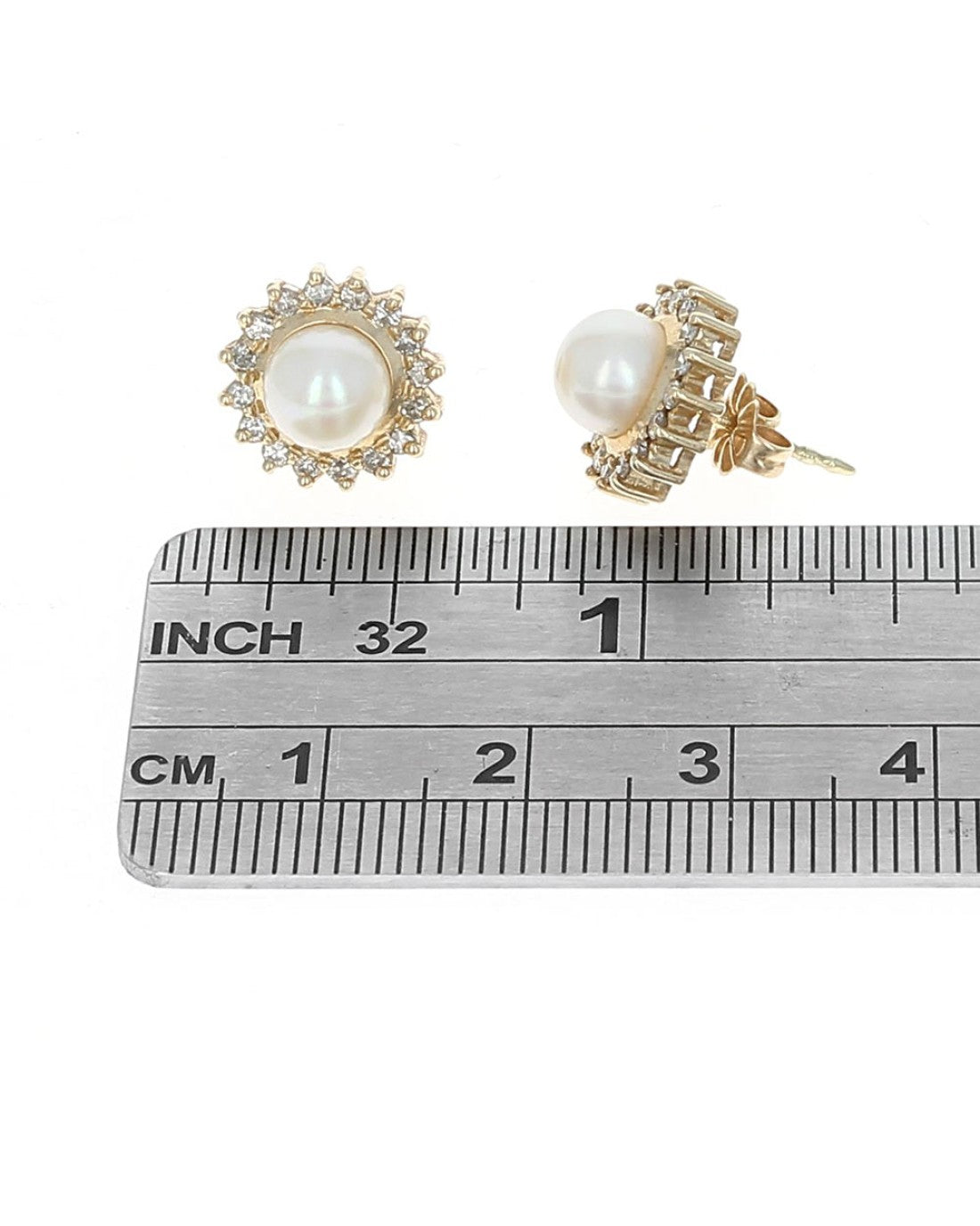 Pearl and Diamond Halo Stud Earrings in Yellow Gold