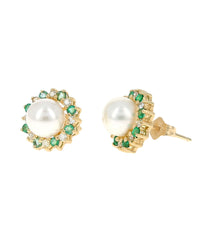 Pearl, Emerald, and Diamond Halo Stud Earrings in Yellow Gold