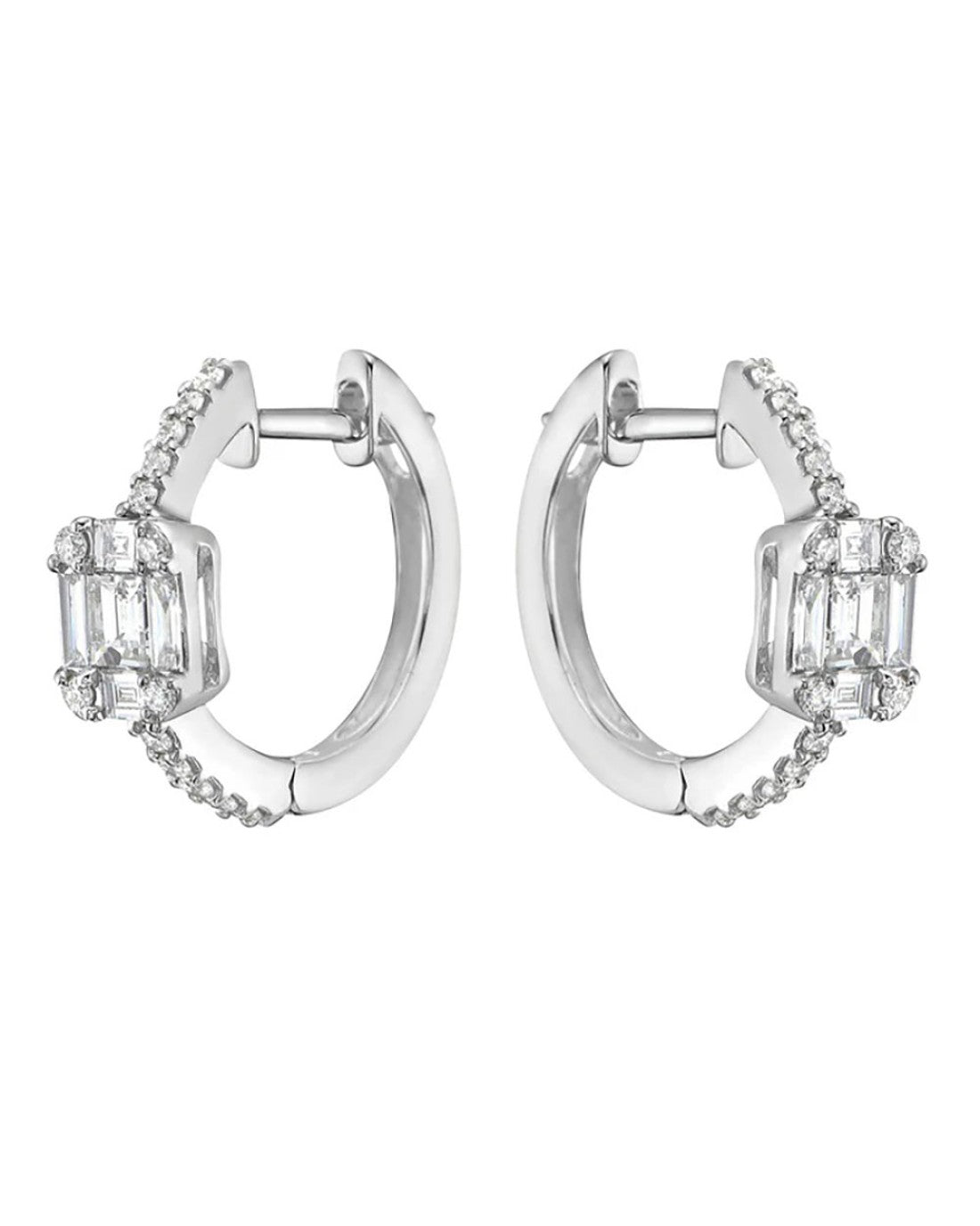 Baguette Diamond Station Round Diamond Huggies