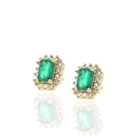 Emerald and Diamond Halo Stud Earrings in Yellow Gold