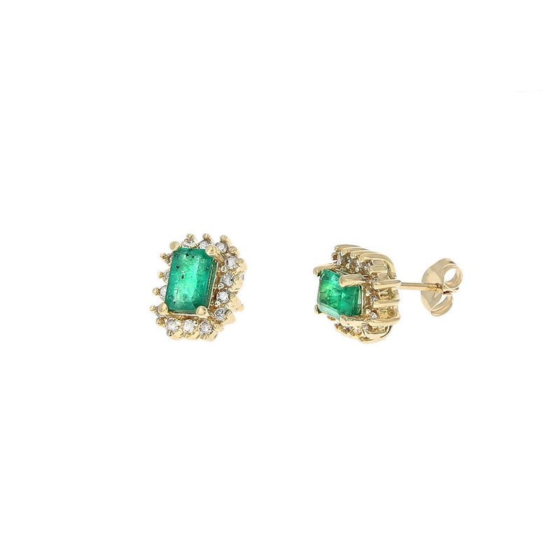 Emerald and Diamond Halo Stud Earrings in Yellow Gold