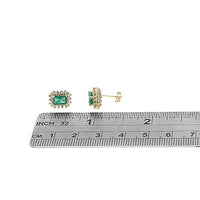 Emerald and Diamond Halo Stud Earrings in Yellow Gold
