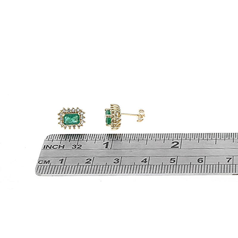Emerald and Diamond Halo Stud Earrings in Yellow Gold