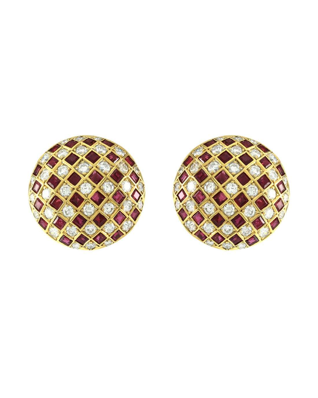 Ruby and Diamond Checkerboard Dome Clip On Earrings