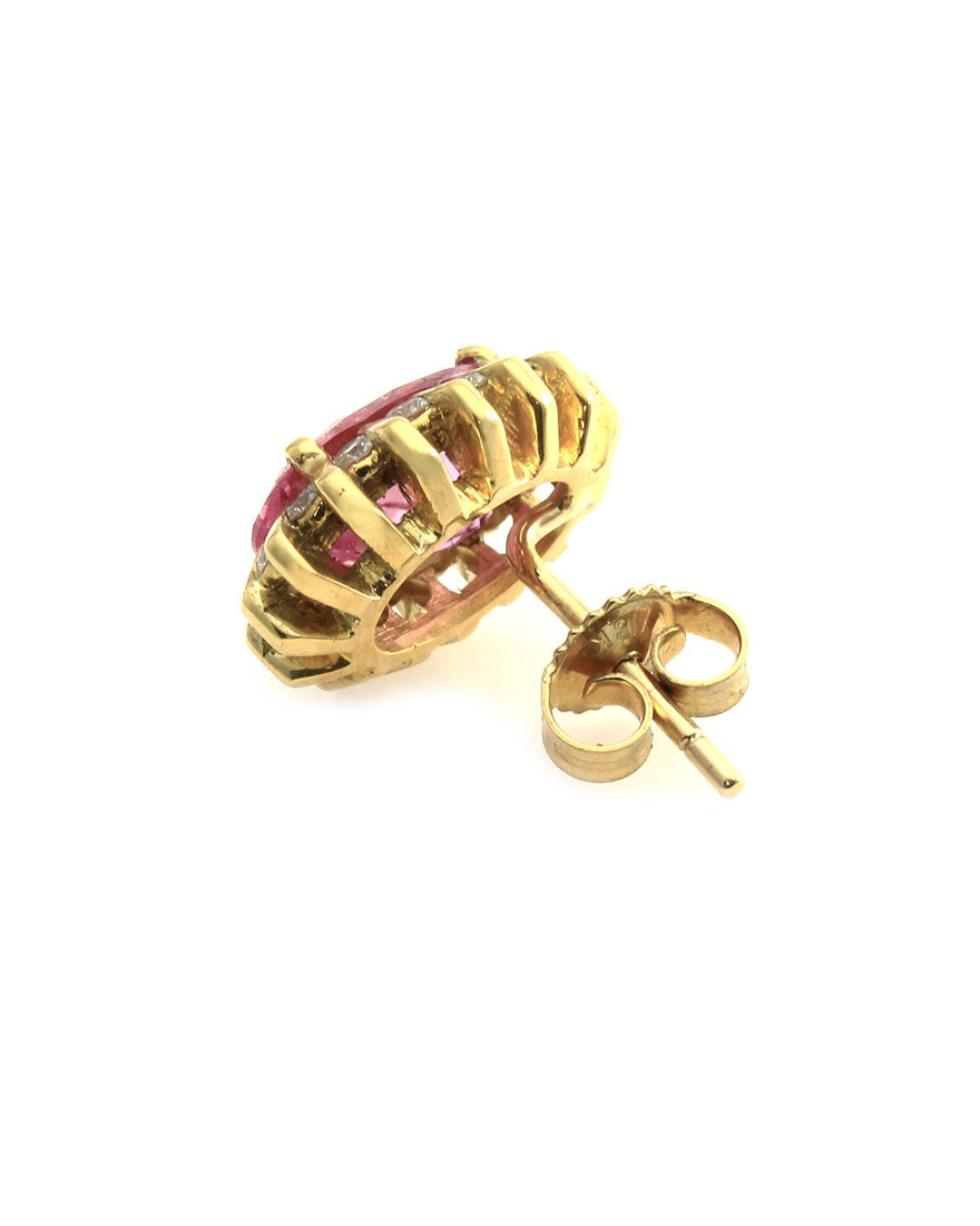 Genuine Oval Pink Sapphire Earrings with Bar Set Diamond Halo in 18K Yellow Gold