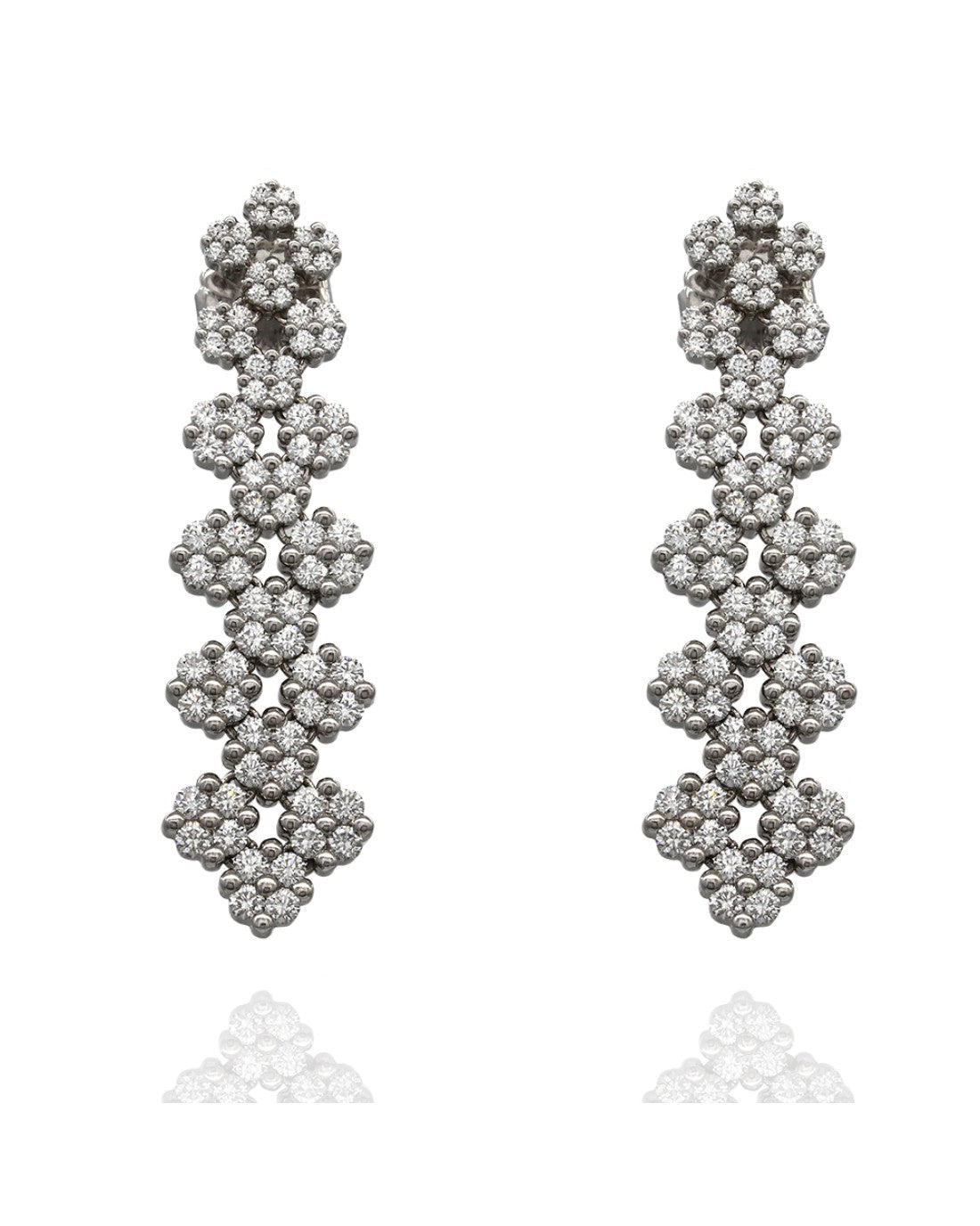 18k White Gold Diamond Cluster Dangle Earrings