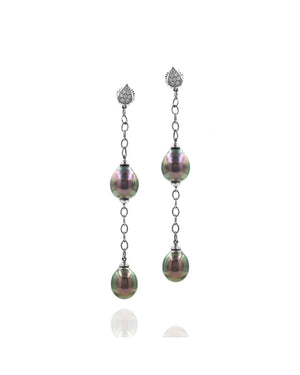 Tahitian Pearl and Pave Diamond Earrings in Gold