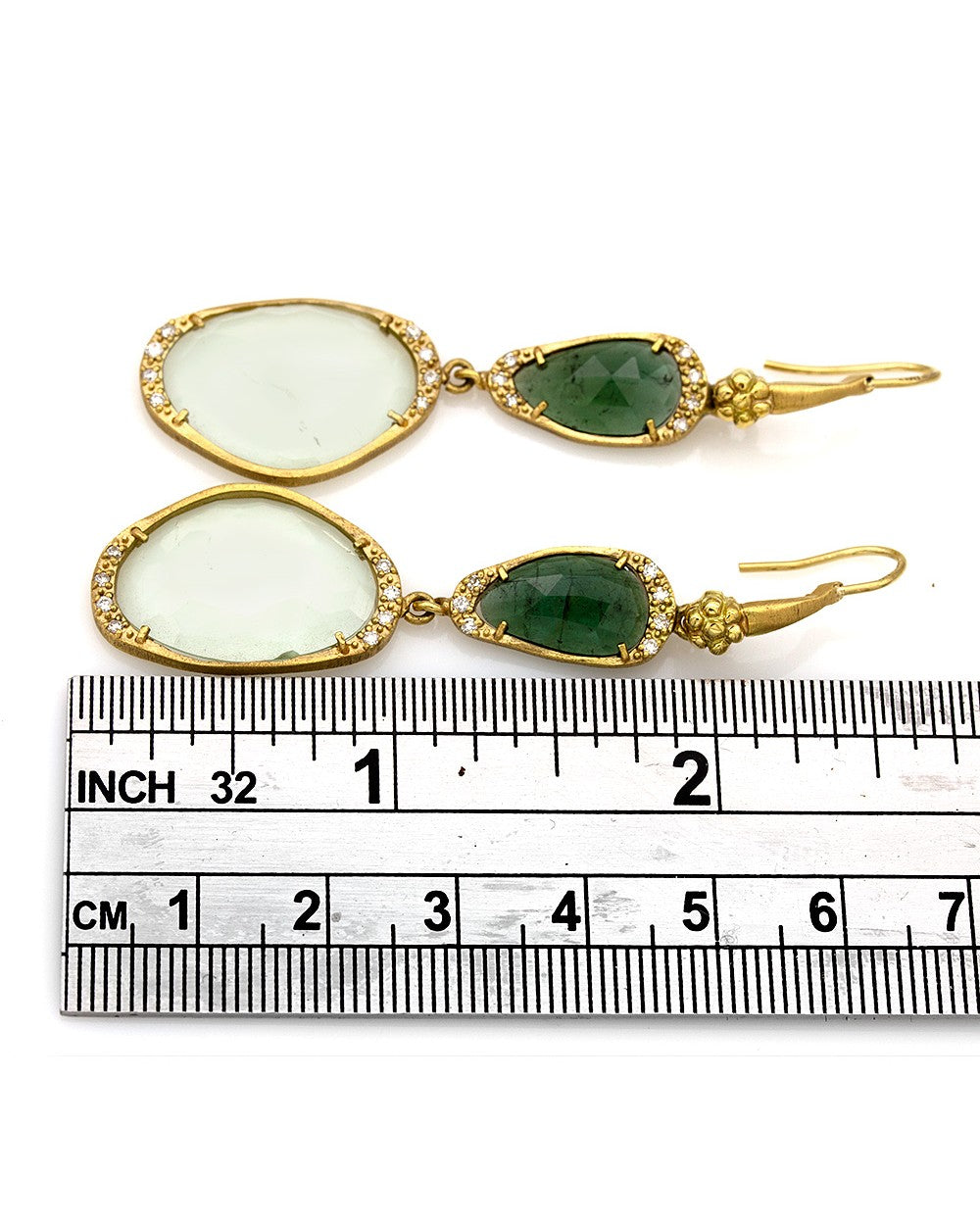 Nouveau 1910 14ky Green Tourmaline, Green Amethyst and Diamond Earrings