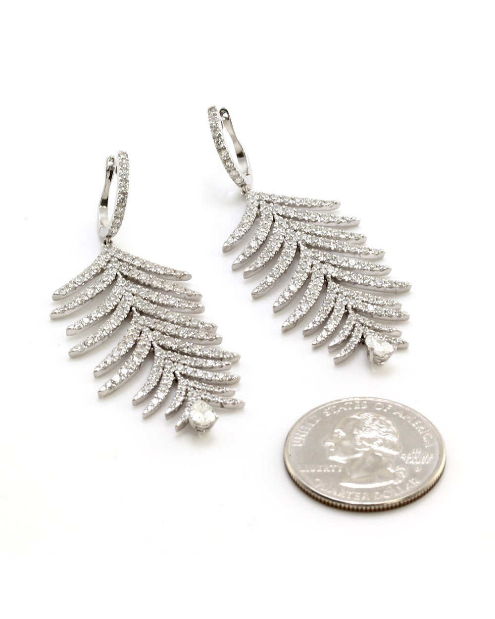 Pave Diamond and Gold Feather Dangle Earrings