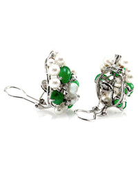 Vintage Genuine Emerald & Pearl Cluster Earrings with Diamonds in 14K White Gold