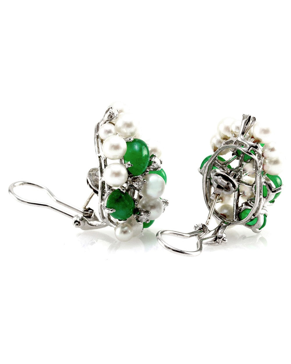 Vintage Genuine Emerald & Pearl Cluster Earrings with Diamonds in 14K White Gold