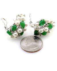Vintage Genuine Emerald & Pearl Cluster Earrings with Diamonds in 14K White Gold
