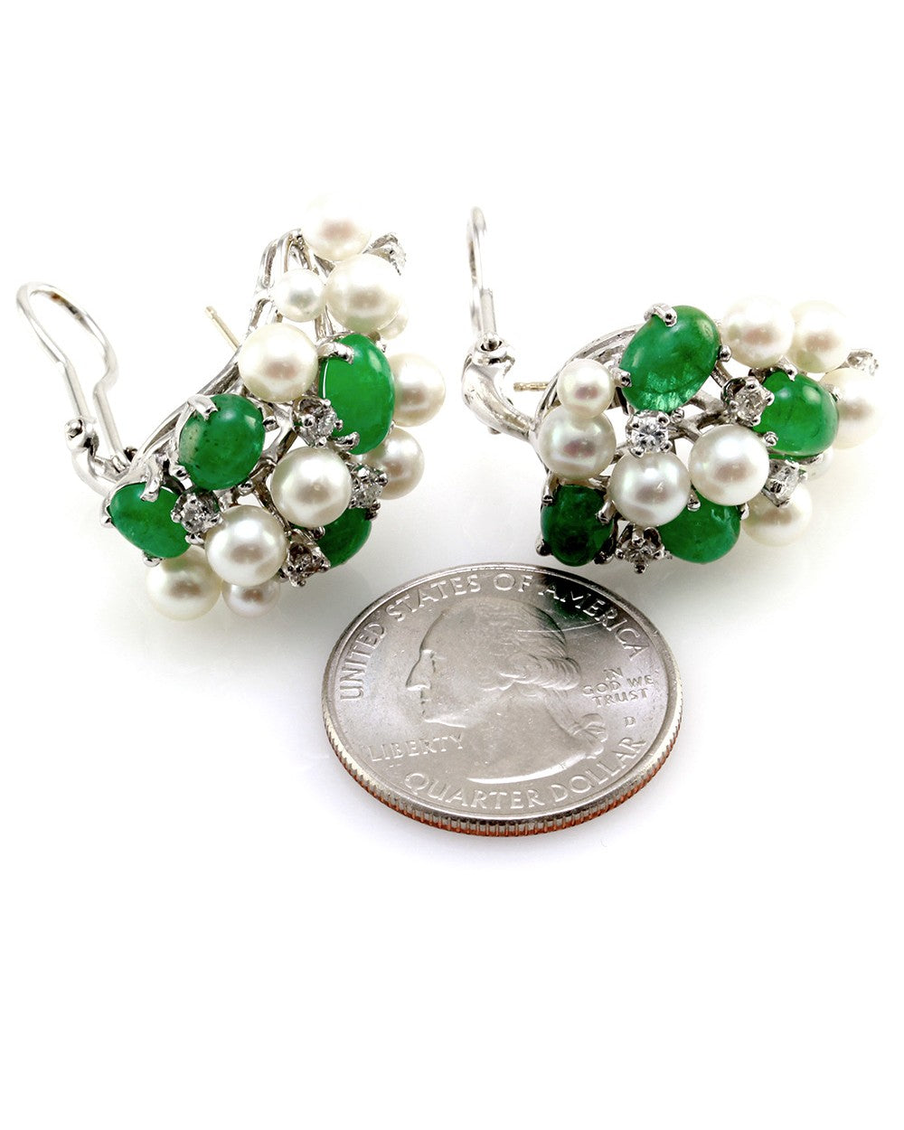 Vintage Genuine Emerald & Pearl Cluster Earrings with Diamonds in 14K White Gold