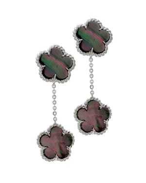Black Mother of Pearl Clover Drop Earrings with Rope Details in 14K White Gold