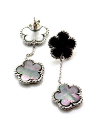 Black Mother of Pearl Clover Drop Earrings with Rope Details in 14K White Gold