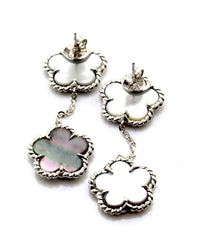 Black Mother of Pearl Clover Drop Earrings with Rope Details in 14K White Gold