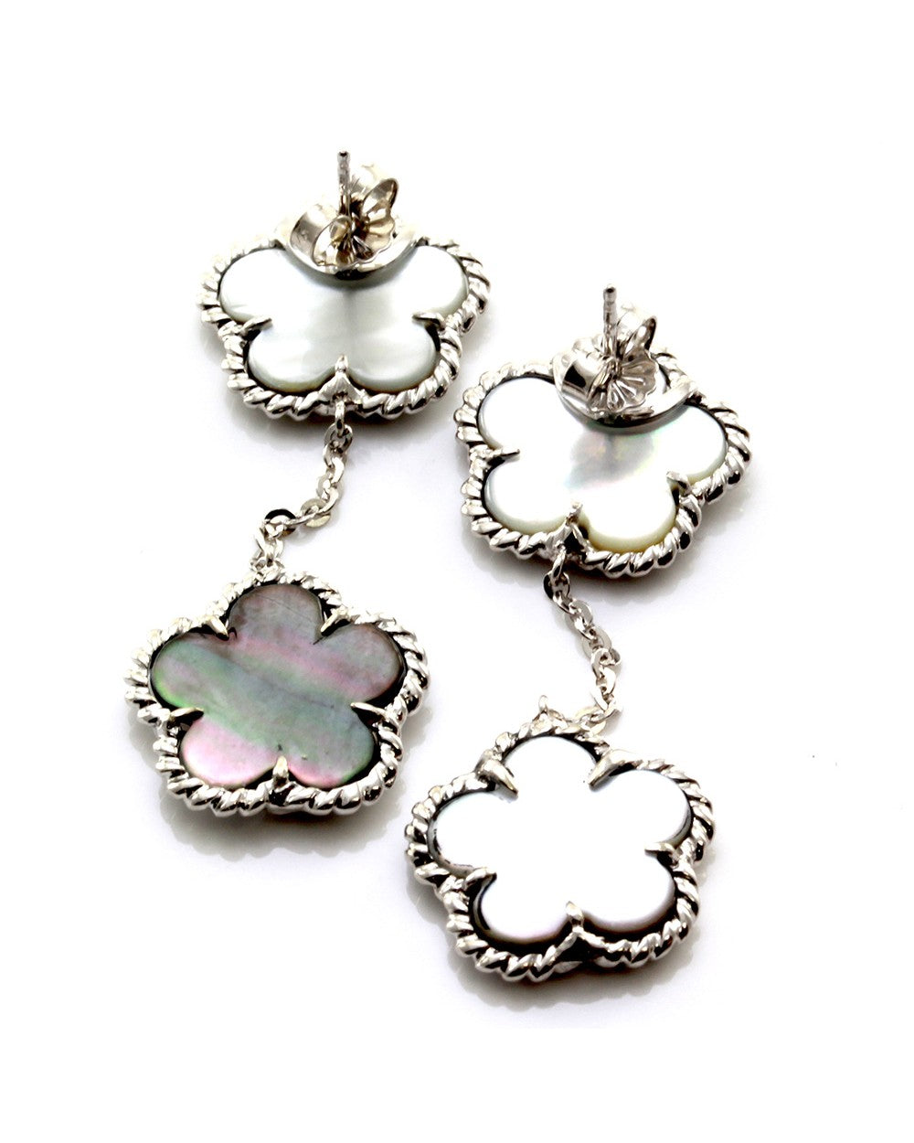 Black Mother of Pearl Clover Drop Earrings with Rope Details in 14K White Gold