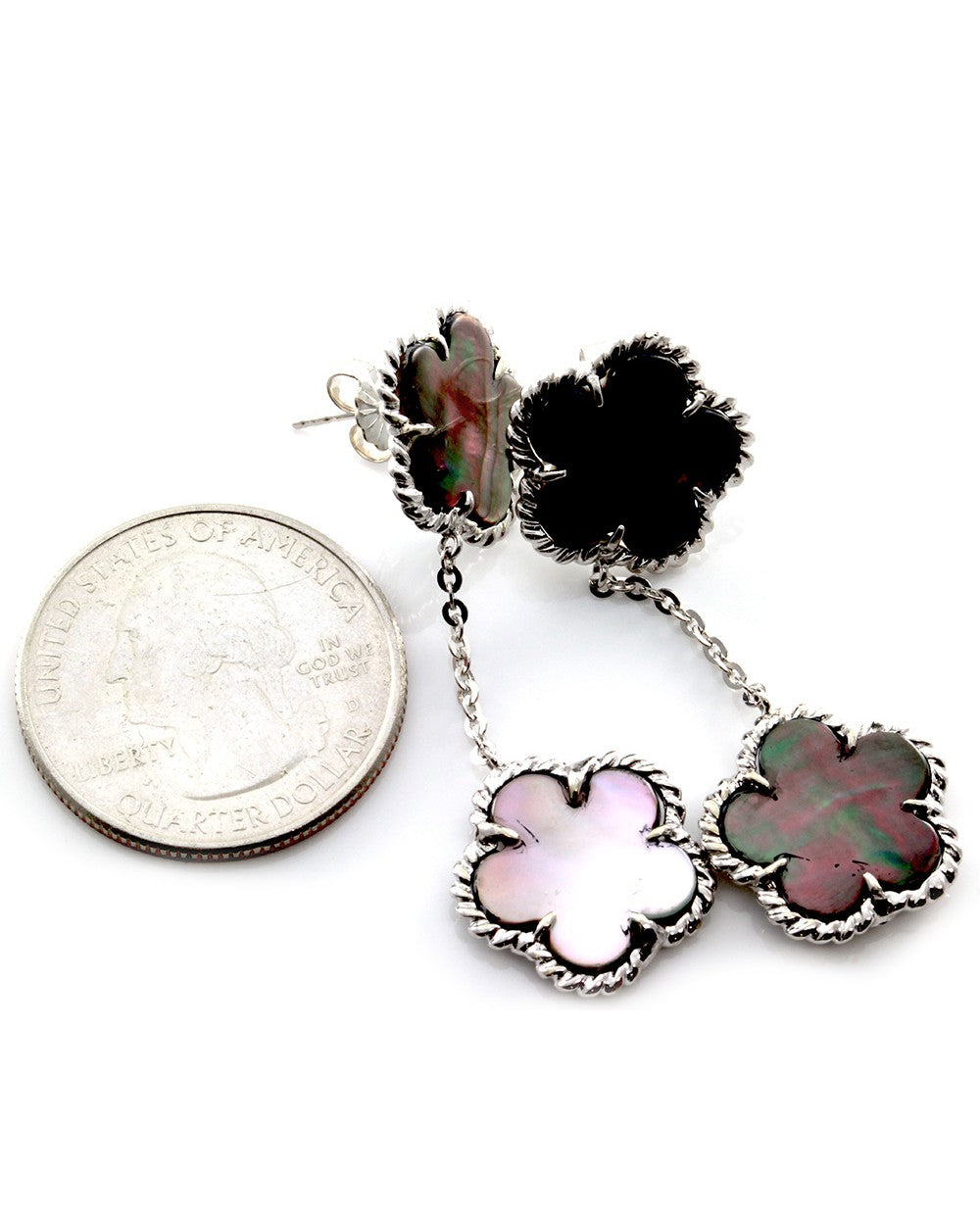 Black Mother of Pearl Clover Drop Earrings with Rope Details in 14K White Gold