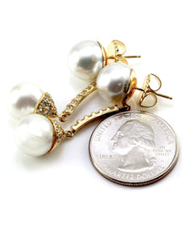 South Sea Pearl & Pave Diamond Drop Dangle Earrings in 18K Yellow Gold