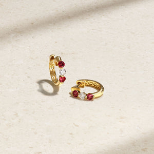 Mini Triplet Ruby and Diamond Huggie Earrings