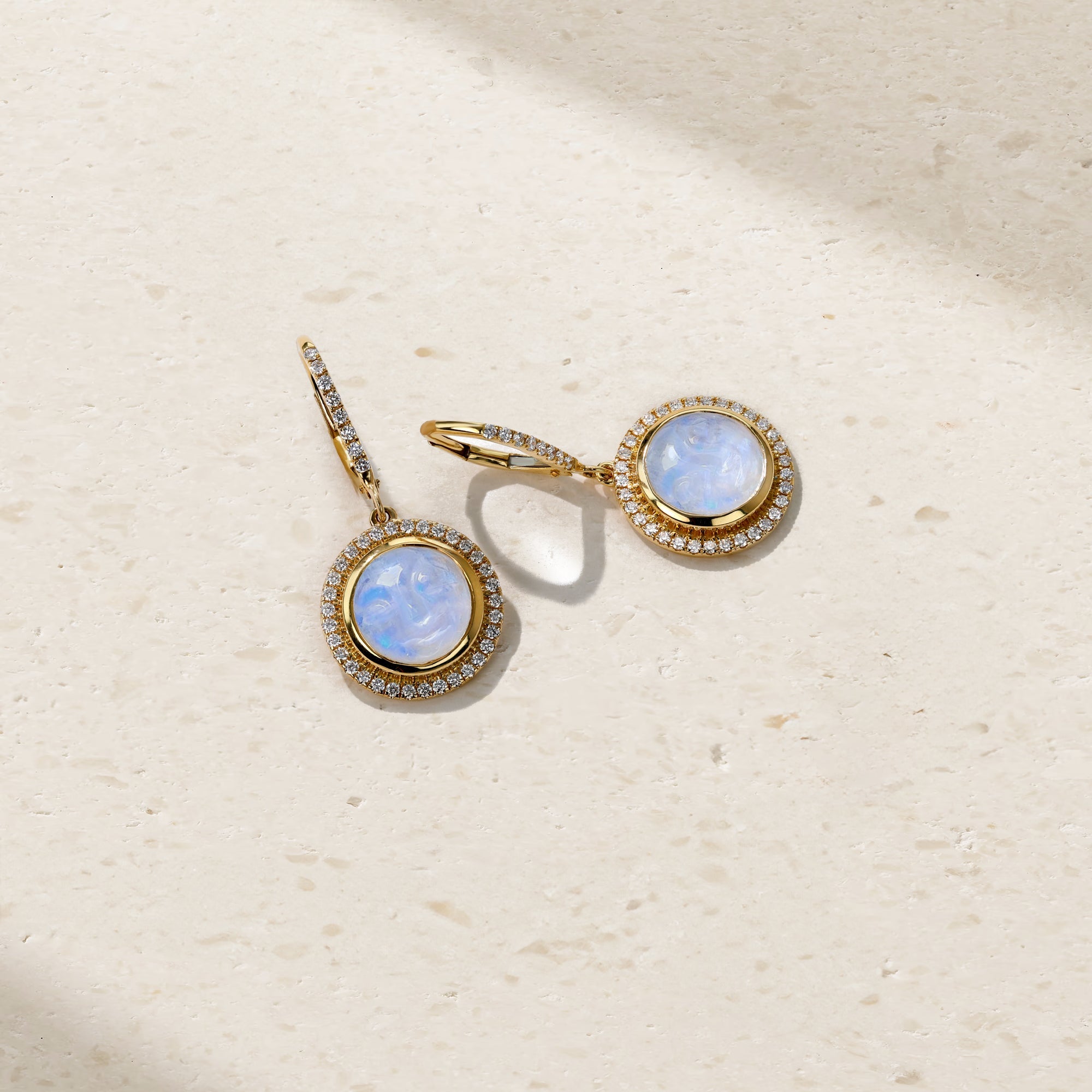 Happy Face Moonstone and Diamond Drop Earrings