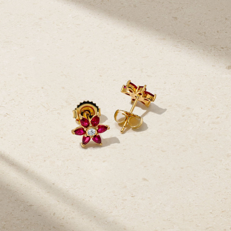 Daffodil Garden Ruby and Diamond Stud Earrings