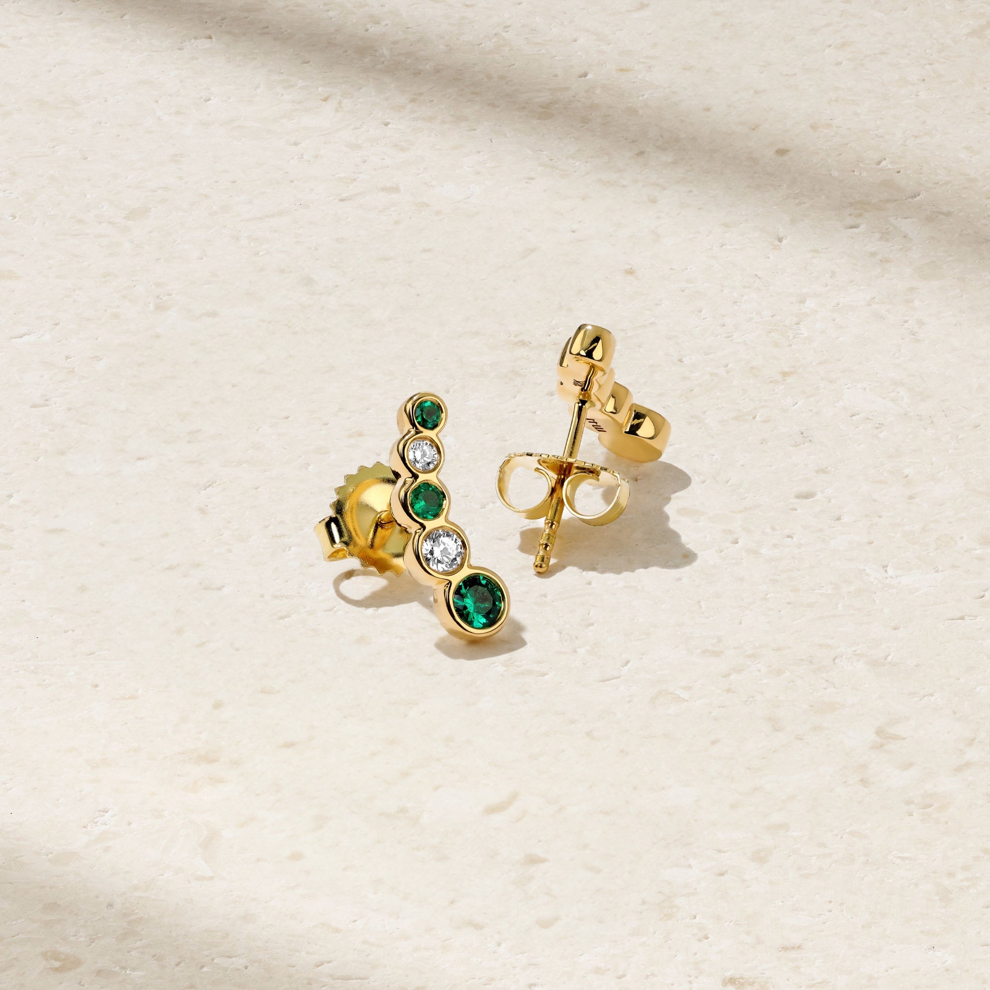 Bubbly Curved Emerald and Diamond Stud Earrings