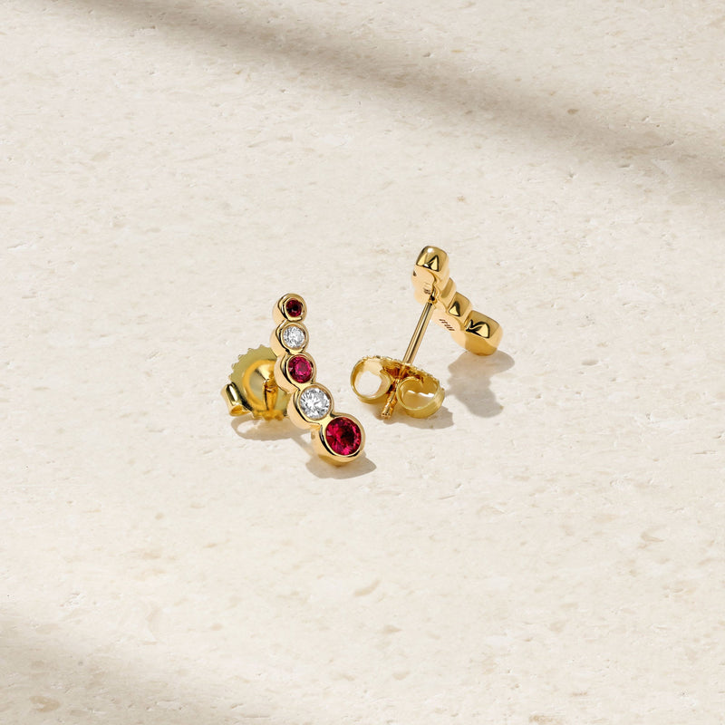 Bubbly Curved Ruby and Diamond Stud Earrings