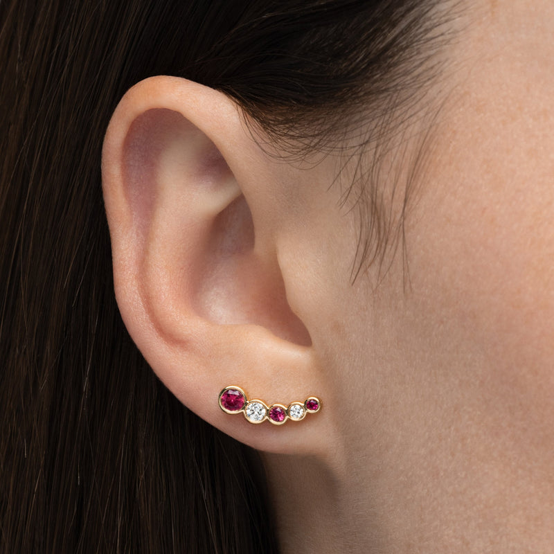 Bubbly Curved Ruby and Diamond Stud Earrings