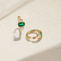 Three Stone Oval Emerald and Diamond Huggie Earrings