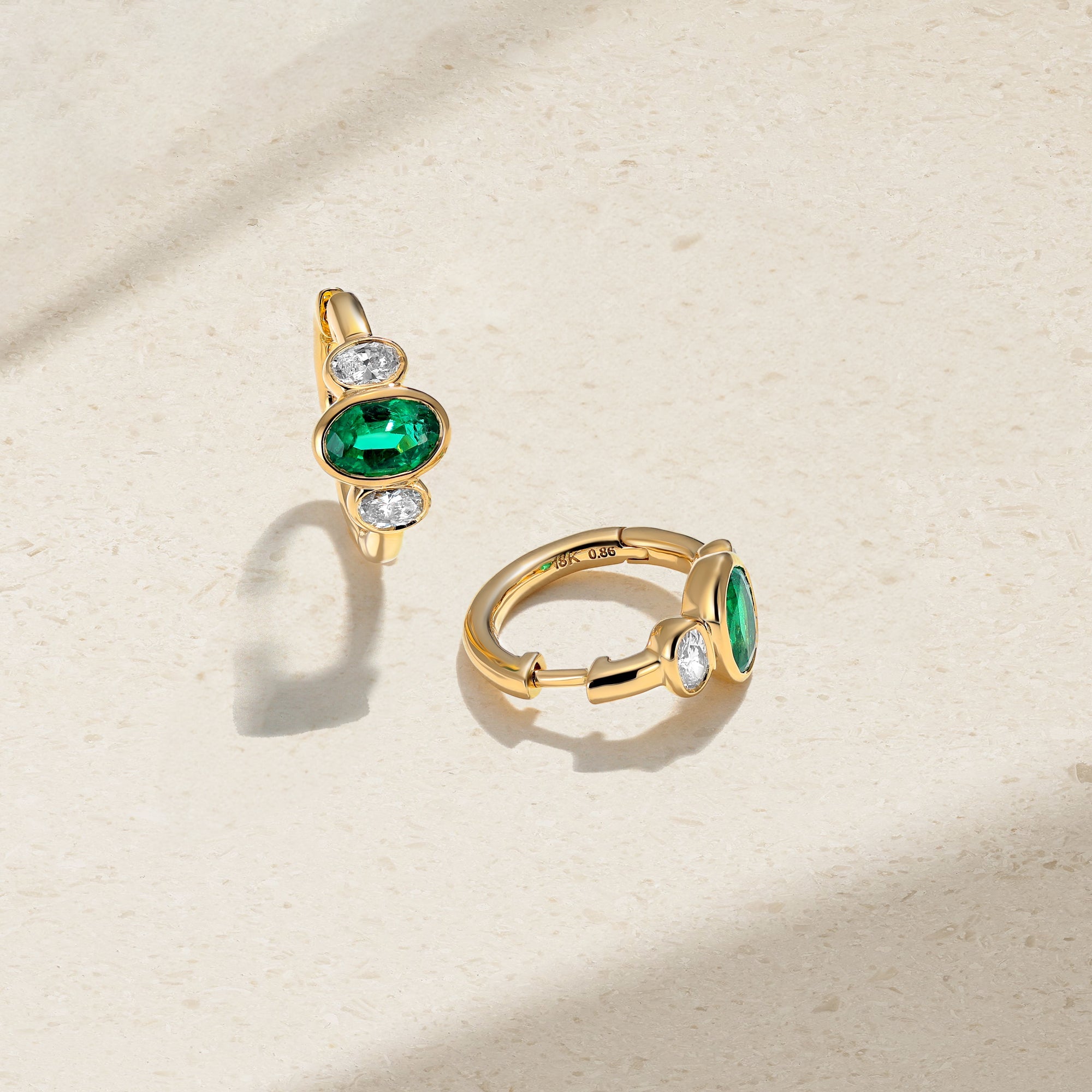 Three Stone Oval Emerald and Diamond Huggie Earrings